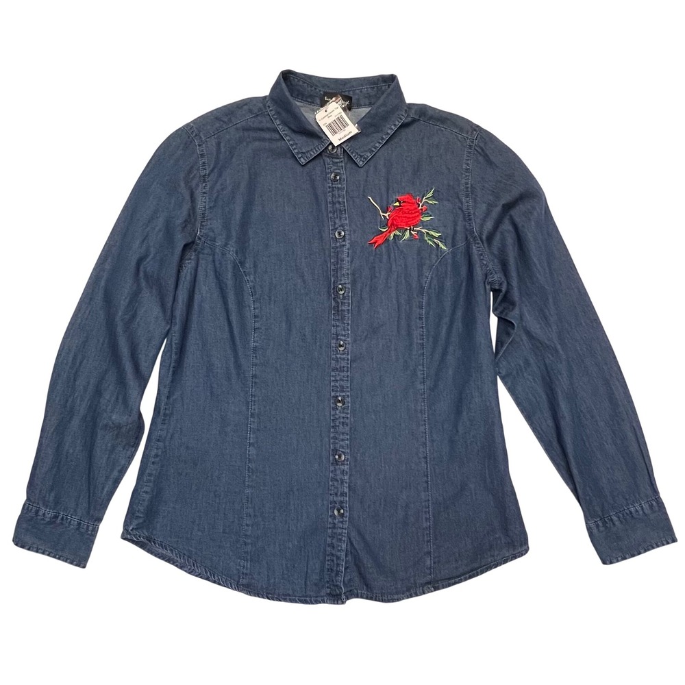 Trilogy Denim Red Cardinal Bird Embroidered Long Sleeve Button Down Shirt Size M
